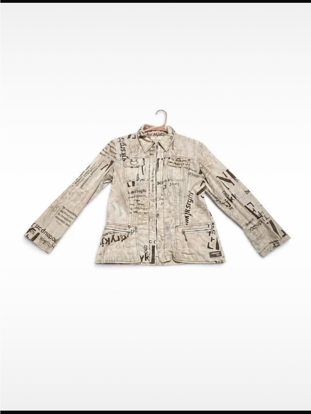 Denim Jacket with Newspaper Graphic Print in Beige